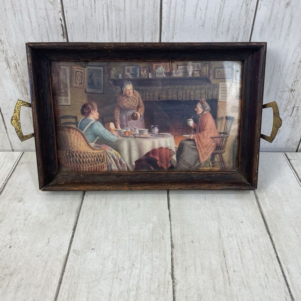 Vtg Cottagecore Wood Framed Tray Brass Handles Cozy Hearth Tea Print Felt Bottom